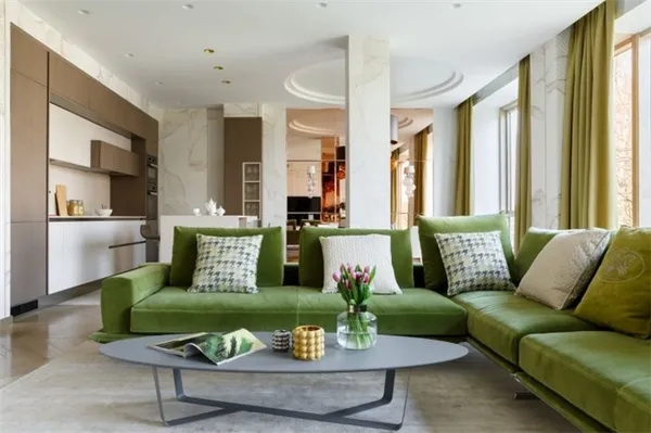 Единый стиль зеленых диванов в мягкой зоне