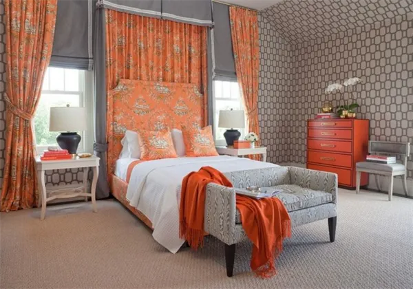 Оранжевый и серый в оригинальном интерьере спальни