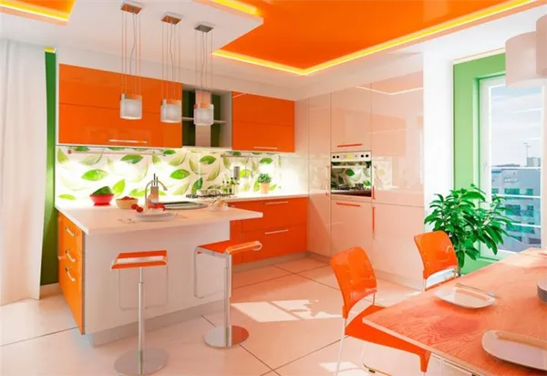 Оранжевый и зеленый в интерьере кухни