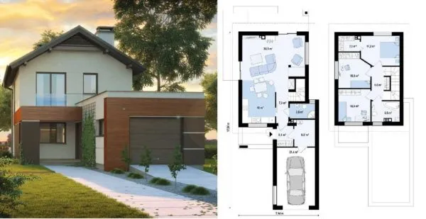 Проект небольшого двухэтажного дома для дачи с пристроенным гаражом: жилая площадь 100 кв. м, гараж на одну машину