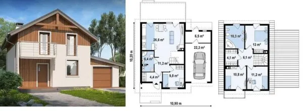 Проект двухэтажного дачного дома с пристроенным сбоку гаражом