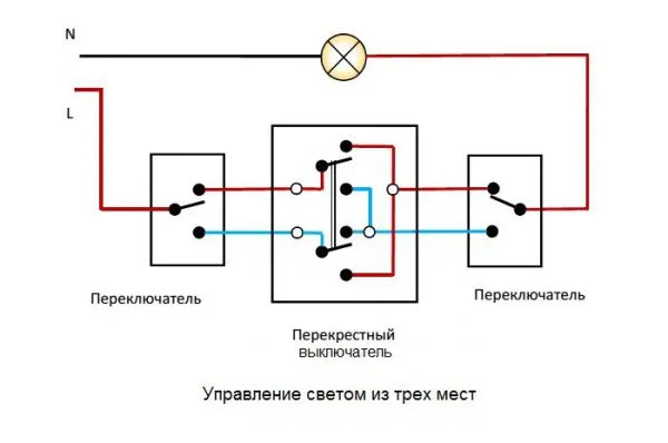 Схема подключения проходных и перекрестного выключателей