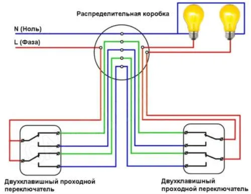 Схема сборки двух двухклавишных выключателей в распредкоробке