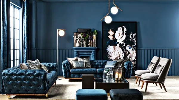 интерьер с синим диваном