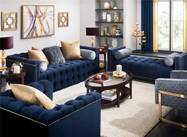 синий диван в интерьере гостиной