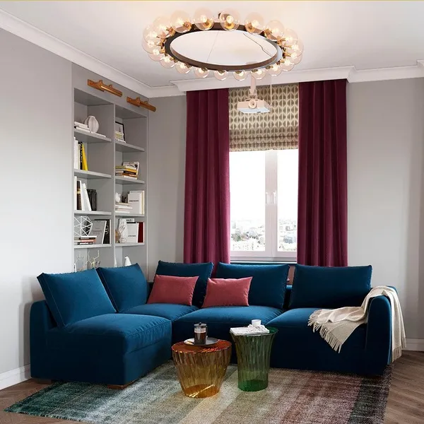 Синий диван в интерьере гостиной фото с чем сочетать 14