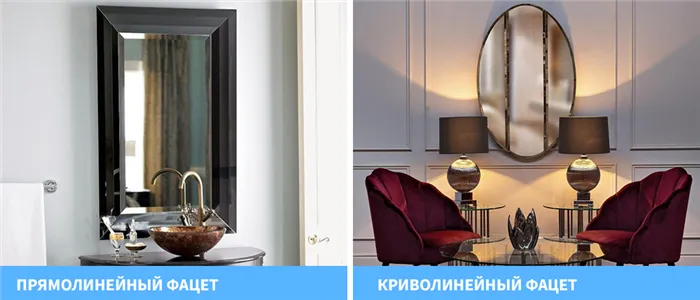 Прямолинейный и криволинейный фацет на зеркале в интерьере