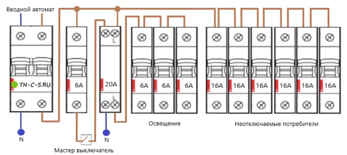 Мастер выключатель. Схема подключения через контактор