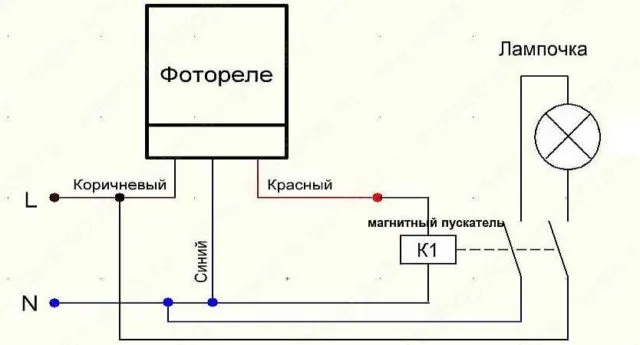 Схема автоматизации освещения двора с использованием фотореле и магнитного пускателя (контактора) 