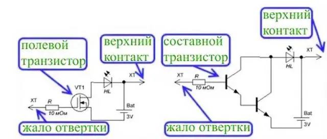 Две схемы индикаторной отвертки с батарейками и светодиодом 