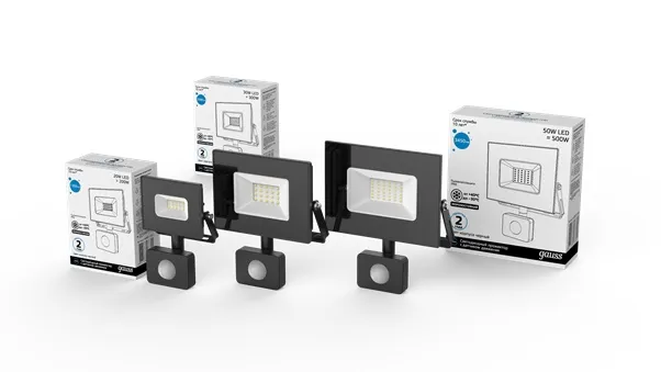 Прожекторы Gauss с датчиком движения подойдут для разных площадей — от освещения крыльца до небольшой парковки