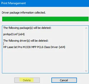 Удаление пакета драйвера в диспетчере печати
