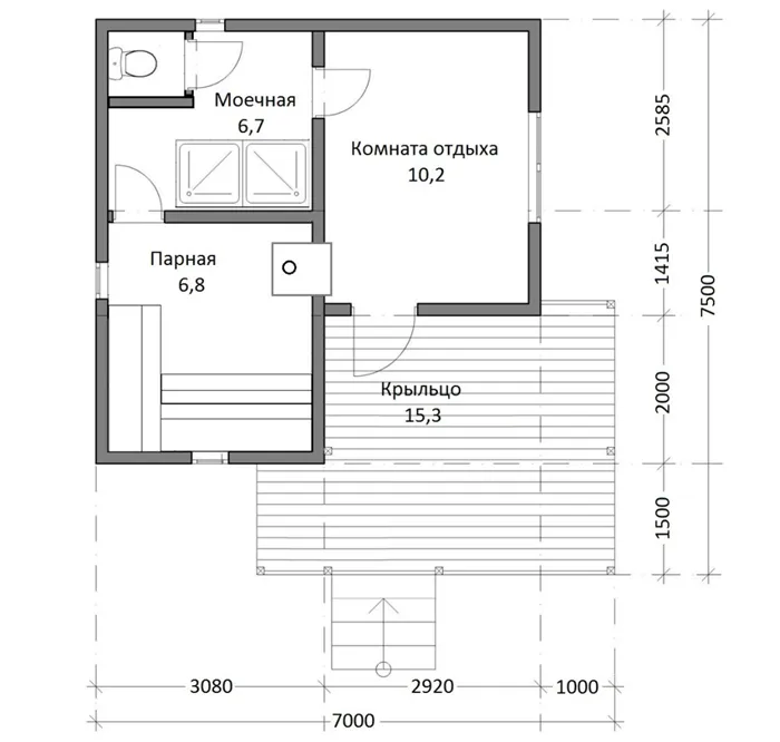 Чертеж бани 7 на 7,5 м