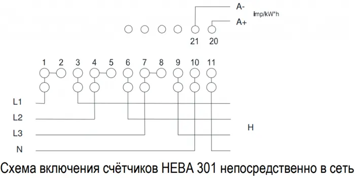 Схема включения счетчиков НЕВА 301 непосредственно в сеть